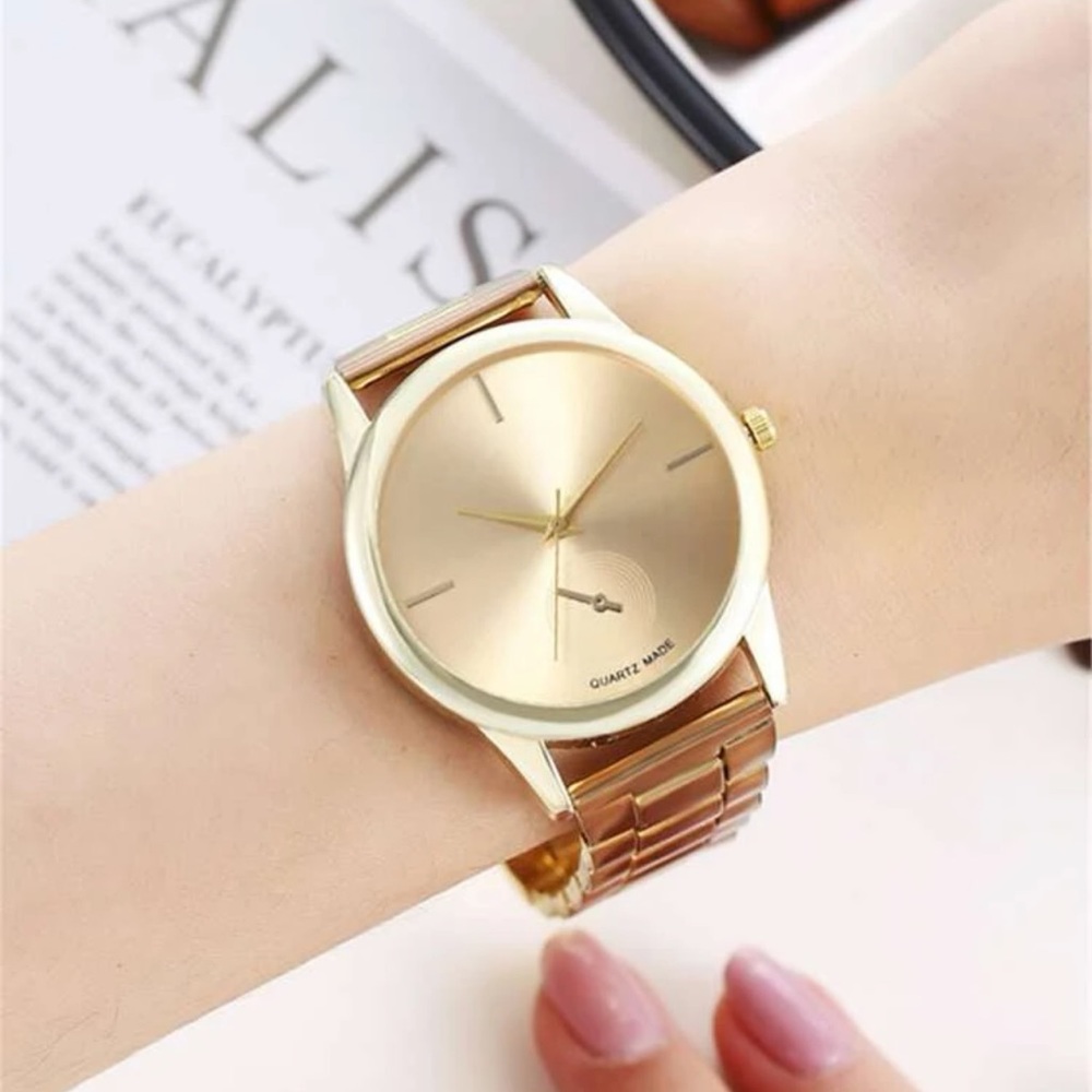 New Luxury Gold Unisex Minimalist Round Pointer Quartz Made Chain Link Watch - Picture 4 of 16